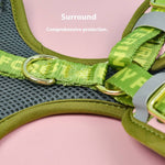 Load image into Gallery viewer, Close-up of green breathable polyester dog harness with metal rings and adjustable straps for secure no-pull walking