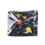Load image into Gallery viewer, Halloween pet bandana with spooky witch, bats, and moon print, folded and packaged for dogs and cats.