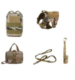 Load image into Gallery viewer, Camouflage tactical K9 dog harness with matching leash and attachable storage pouch set for outdoor use.