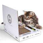 Load image into Gallery viewer, Kitten playing on a computer-shaped cardboard cat scratch board with interactive toys and eco-friendly design.