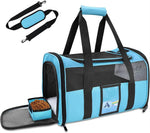 Load image into Gallery viewer, Large blue foldable cat travel bag with breathable mesh, shoulder strap, and detachable food bowl for small pets.