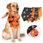 Load image into Gallery viewer, Golden retriever wearing orange Halloween pumpkin print bandana with pumpkin bell and festive pet bandanas set displayed nearby