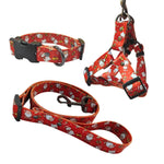 Load image into Gallery viewer, Christmas dog leash chest harness set with red holiday-themed adjustable polyester straps for small to large dogs