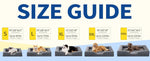 Load image into Gallery viewer, Size guide for large orthopedic dog sofa bed with washable egg crate foam mattress in multiple sizes for different dog weights.