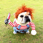 Load image into Gallery viewer, Bulldog dressed in adjustable Halloween pet costume with red wig, striped shirt, and fake knife for funny dog cosplay party outfit