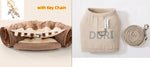 Load image into Gallery viewer, Beige collapsible cat tunnel with washable fabric, interactive design, and included leash and key chain accessory.