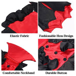 Load image into Gallery viewer, Close-up details of a red and black cat vampire costume with elastic fabric, hem design, neckband, and buttons