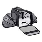 Load image into Gallery viewer, Black foldable, expandable airline-approved pet carrier with mesh panels, multiple openings, and reflective strips for cats and small dogs.