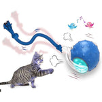 Load image into Gallery viewer, Gray tabby cat playing with a blue interactive rolling toy ball with a dangling rope for feline fun and exercise