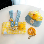 Load image into Gallery viewer, Yellow gingham pet harness, leash, and hat set with duck accents for cats and small dogs spring summer outfit