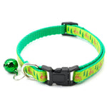 Load image into Gallery viewer, Green Christmas pet collar with festive tree and reindeer pattern and attached holiday bell for dogs or cats