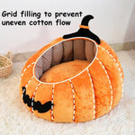 Load image into Gallery viewer, Cozy Halloween pumpkin cat bed with soft plush fabric and devil hat design, perfect for cats and small dogs in fall and winter.