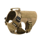 Load image into Gallery viewer, Tan tactical K9 dog harness with adjustable straps, buckle closures, handle, and leash attachment points for control and durability.