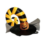 Load image into Gallery viewer, Black and yellow striped Halloween wizard pet hat with a glittery pumpkin decoration and black mesh bow