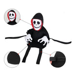 Load image into Gallery viewer, Detailed view of Pet Teddy Cape Halloween Costume with adjustable straps and soft polyester skeleton rider. Ideal for dogs and cats.