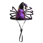 Load image into Gallery viewer, Purple and black Halloween witch hat with spider legs for cats and small dogs with adjustable strap