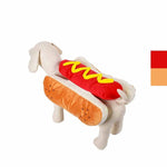 Load image into Gallery viewer, Dog mannequin wearing a funny hot dog costume with bun and mustard detail for pet Halloween or party dress up.