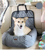 Load image into Gallery viewer, Corgi dog sitting comfortably in a gray 2 in 1 folding pet carrier car seat pad and mattress on car seat