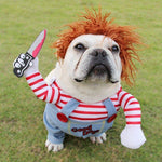 Load image into Gallery viewer, Bulldog wearing adjustable Halloween pet costume with red wig, striped shirt, blue overalls, and fake knife accessory outdoors on grass