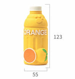 Load image into Gallery viewer, Yellow latex dog toy shaped like an orange juice bottle with fruit design, chew-resistant and floating craft.