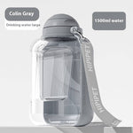 Load image into Gallery viewer, Large capacity 1500ml 2-in-1 dog water bottle with integrated food container and carrying strap in gray color