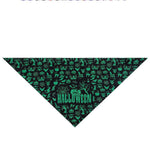 Load image into Gallery viewer, Black triangle pet bandana with green Halloween-themed skulls, pumpkins, spider webs, and spooky text design
