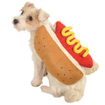 Load image into Gallery viewer, Small dog wearing a funny hot dog costume with bun, ketchup, and mustard for Halloween or pet parties