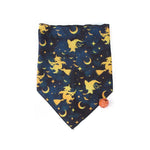 Load image into Gallery viewer, Halloween triangle pet bandana with spooky yellow witches and moons on dark blue background with pumpkin charm