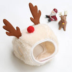 Load image into Gallery viewer, Cream-colored plush pet hat with brown antlers and a red nose designed for Christmas costumes
