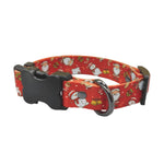 Load image into Gallery viewer, Adjustable Christmas dog collar with festive Santa and snowman pattern, durable black plastic buckle and metal D-ring.