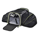 Load image into Gallery viewer, Black airline-approved expandable pet carrier with mesh sides, foldable design, reflective strips, and multiple openings for small pets.