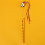 Load image into Gallery viewer, Halloween cat teaser wand toy with bells, ghost decoration, and colorful ribbons on orange background