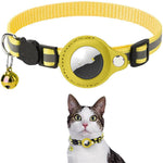 Load image into Gallery viewer, Yellow reflective nylon pet collar with waterproof AirTag holder, adjustable for cats and dogs, shown on a cat.