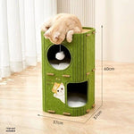 Load image into Gallery viewer, Green double-layer felt cat scratch nest with climbing frame and hanging toy, sized 37x37x60 cm with cat inside top layer