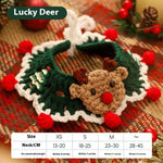 Load image into Gallery viewer, Christmas pet scarf with knitted reindeer face and festive red pom-poms for cats and dogs, winter collar decoration