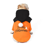 Load image into Gallery viewer, Small dog wearing orange Halloween sweater with black hood and white pompom, "Happy Halloween" text on back
