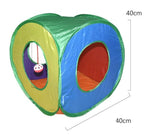 Load image into Gallery viewer, Colorful cube-shaped foldable cat tunnel playhouse with openings and hanging toy for interactive pet fun, 40cm by 40cm size.