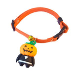 Load image into Gallery viewer, Adjustable orange Halloween pet collar with cartoon pumpkin charm and small golden bell for cats and dogs.