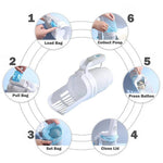 Load image into Gallery viewer, Wide cat litter scoop with self-cleaning bin kit showing six-step process for loading and collecting waste bags.