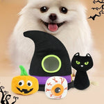 Load image into Gallery viewer, White fluffy dog with Halloween pet hat sounding toy and chew squeak plush toys for cats and dogs