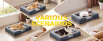 Load image into Gallery viewer, Large orthopedic dog sofa bed with washable egg crate foam mattress and waterproof liner shown in multiple home settings with dogs.