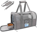 Load image into Gallery viewer, Large gray foldable cat travel bag with breathable mesh panels, carrying handles, detachable shoulder strap, and food container pouch.