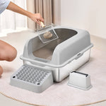 Load image into Gallery viewer, 6-inch deep cat litter box with hood and odor-control filtering footboard for clean and easy cat waste management
