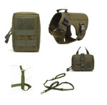 Load image into Gallery viewer, Olive green tactical K9 dog harness with adjustable straps, heavy-duty pouch, and matching leash set for working dogs.