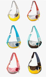 Load image into Gallery viewer, Six colorful breathable mesh pet backpacks for small dogs and cats, each with adjustable shoulder straps and zippered openings.