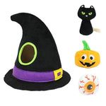 Load image into Gallery viewer, Halloween pet hat chew toy with interactive squeak sounds cat and dog plush toys pumpkin black cat eyeball designs