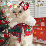 Load image into Gallery viewer, Cat wearing a red plaid Christmas shawl cloak with a bell, hairpin, and festive holiday decorations background