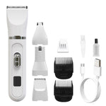 Load image into Gallery viewer, White multifunctional 4-in-1 electric hair clipper kit with LCD display, USB charging cable, and grooming attachments for men