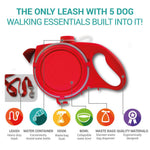 Load image into Gallery viewer, Red 2-in-1 pet leash with built-in water bottle, hook, collapsible bowl, waste bag dispenser, and heavy-duty rope for dogs and cats.