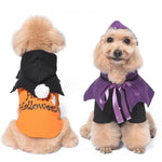 Load image into Gallery viewer, Two small dogs wearing Halloween-themed cotton sweaters with hoods for pets in orange and purple colors